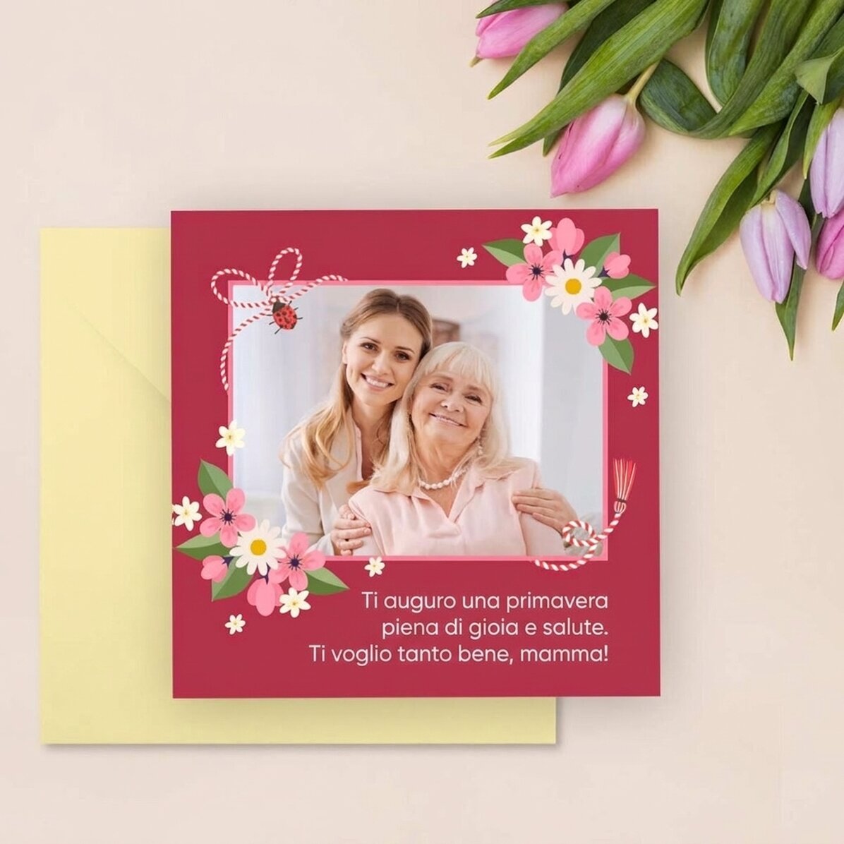Biglietto quadrato personalizzato con testo e foto
