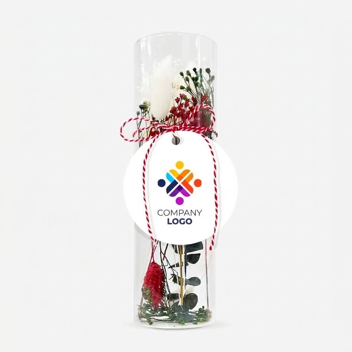 Ciondolo Martisor in vetro con fiori stabilizzati, personalizzato con logo