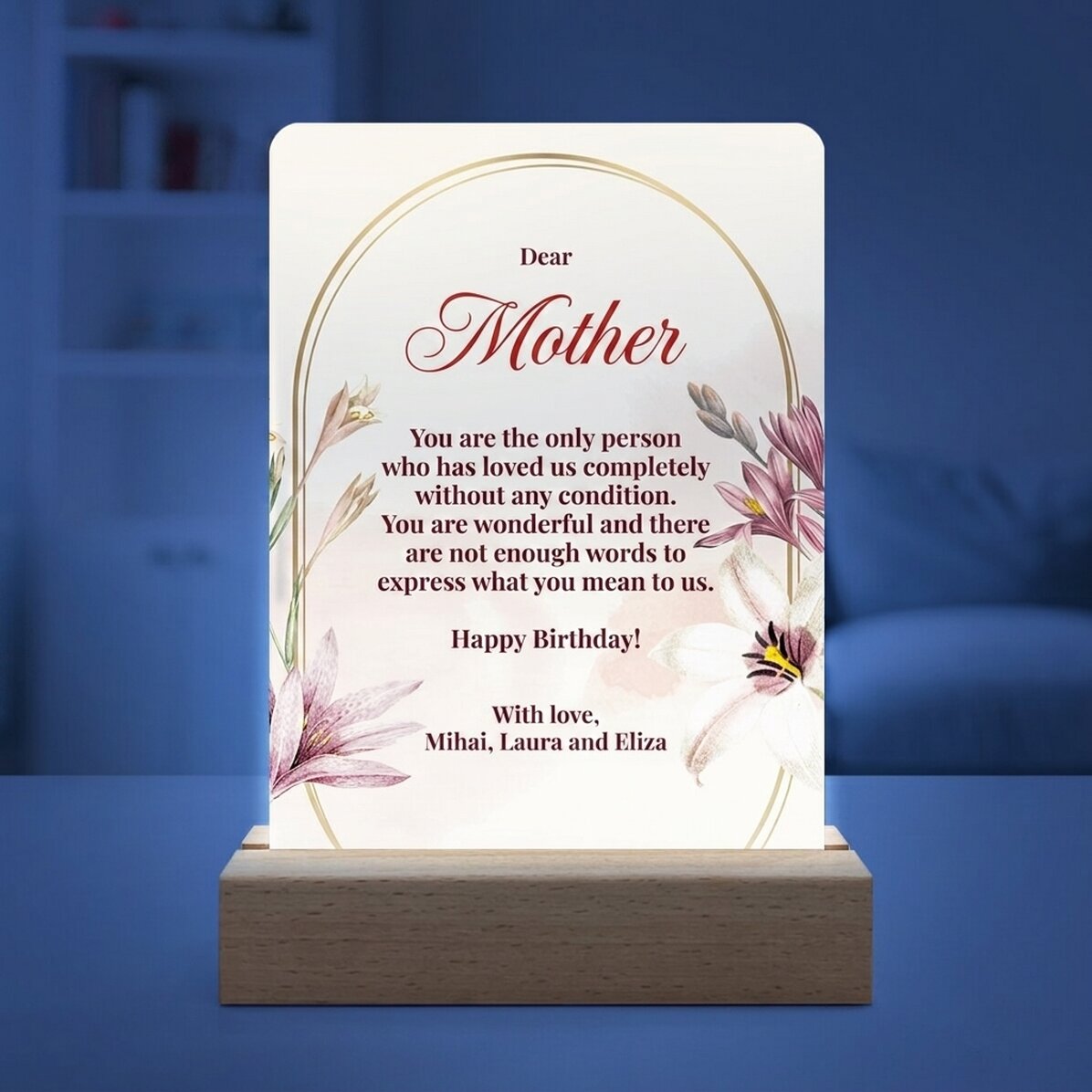 Lampada da comodino a LED con messaggio personalizzato per la mamma