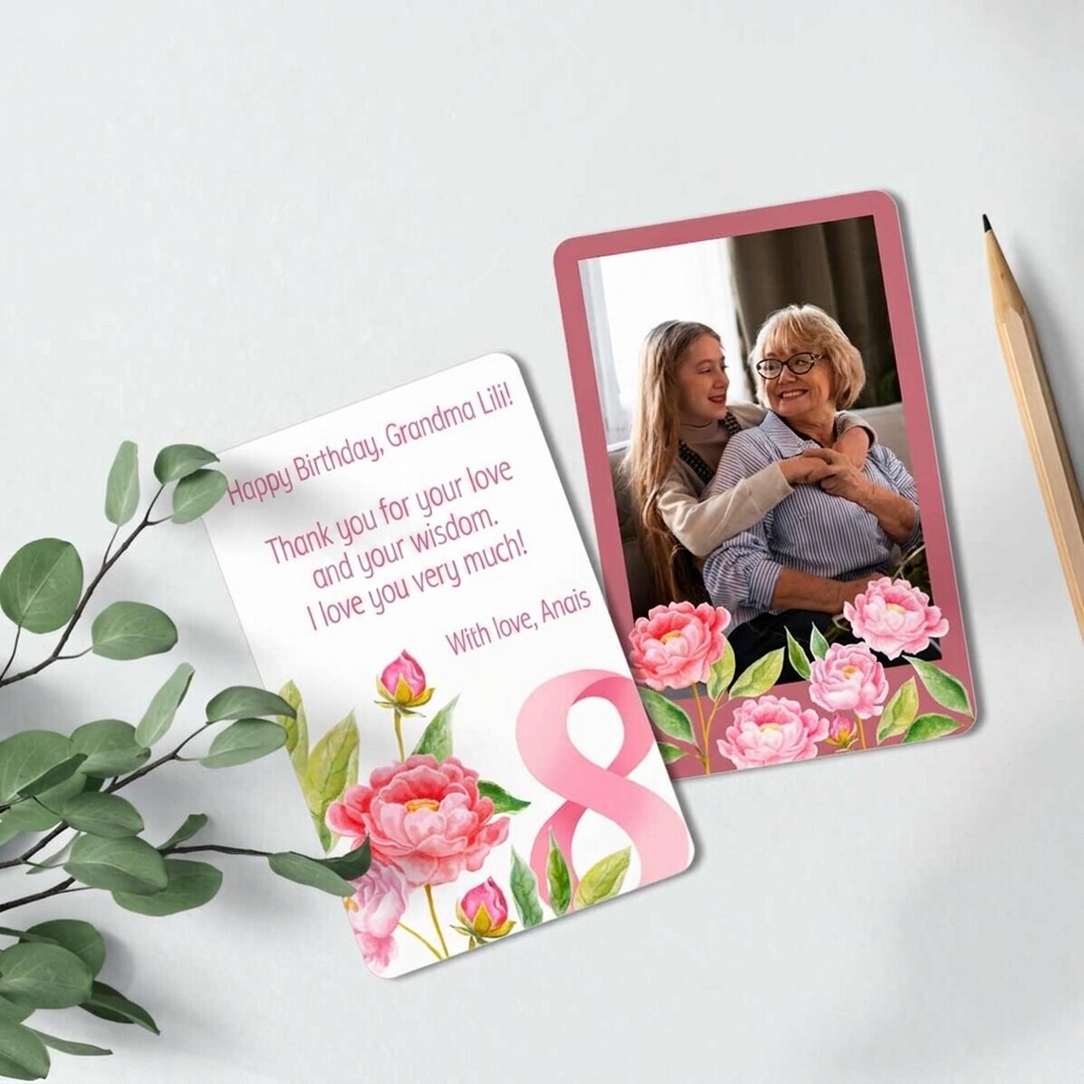 Tessera in alluminio personalizzata su entrambi i lati con messaggio e foto - Fiori