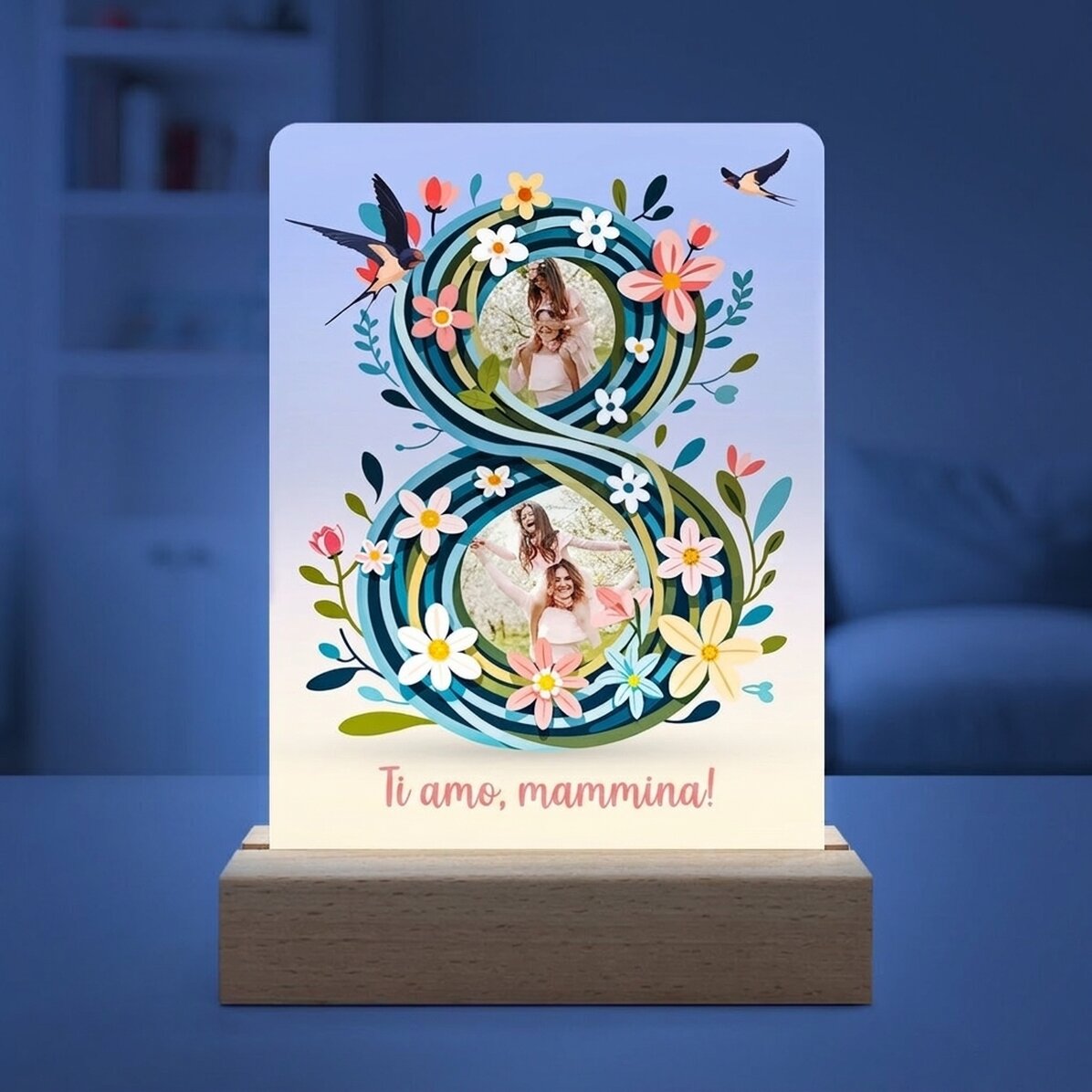Lampada da comodino a LED personalizzata con 2 foto e testo - 8 floral