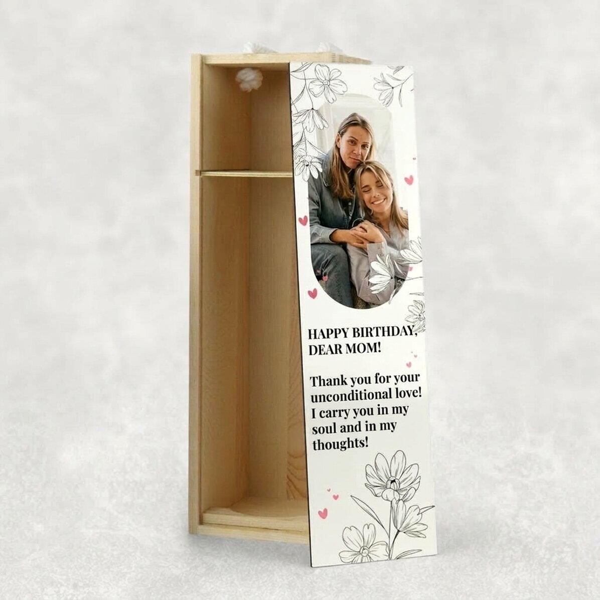 Scatola di vino personalizzata con una foto e un messaggio per lei
