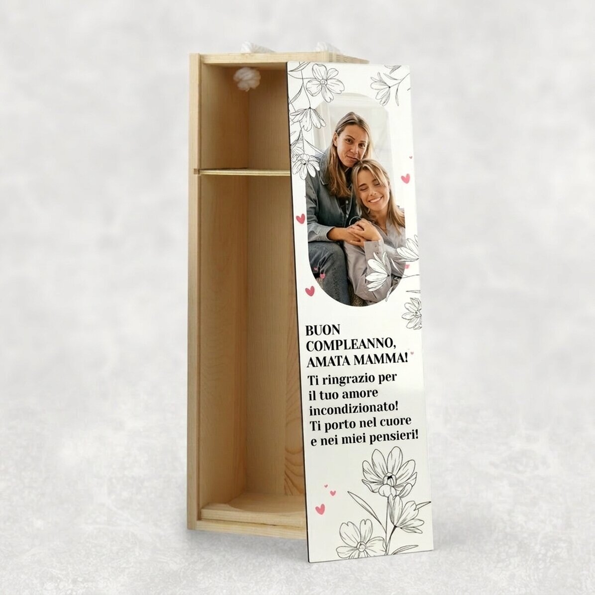 Scatola di vino personalizzata con una foto e un messaggio per lei