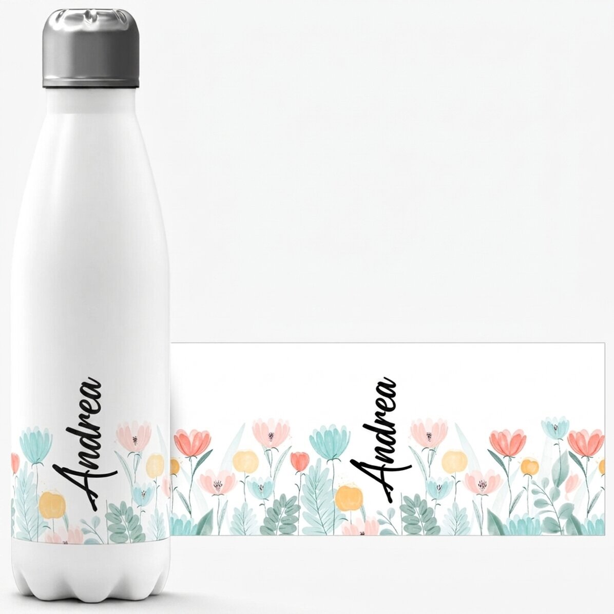 Thermos con base bianca personalizzato con nome - Fiori