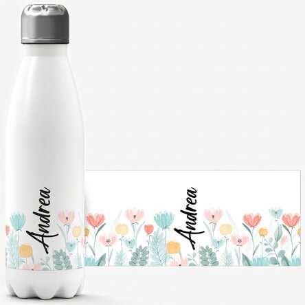 Thermos con base bianca personalizzato con nome - Fiori
