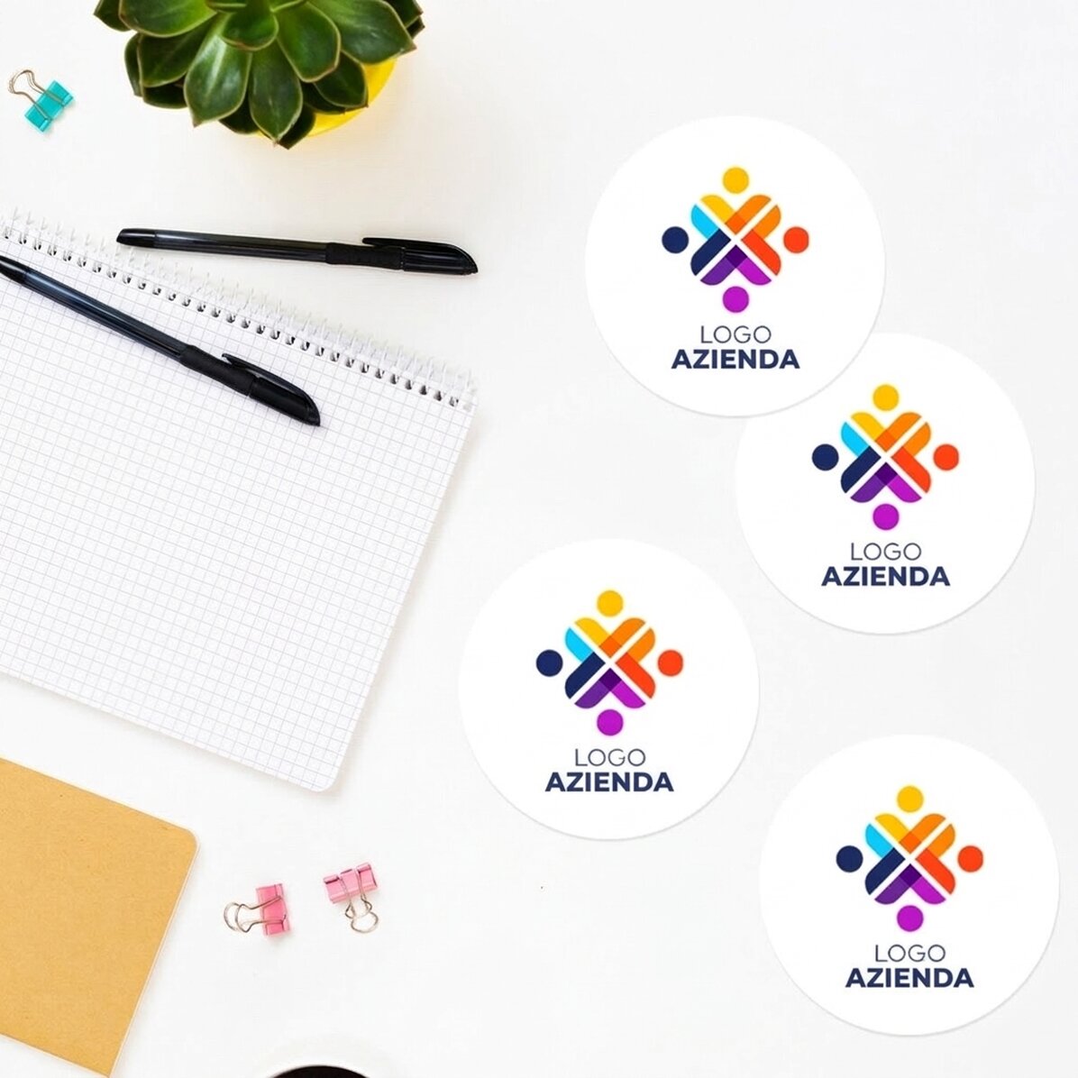 Set di 4 adesivi (etichette autoadesive) rotondi, diametro 8,5 cm, personalizzati con logo