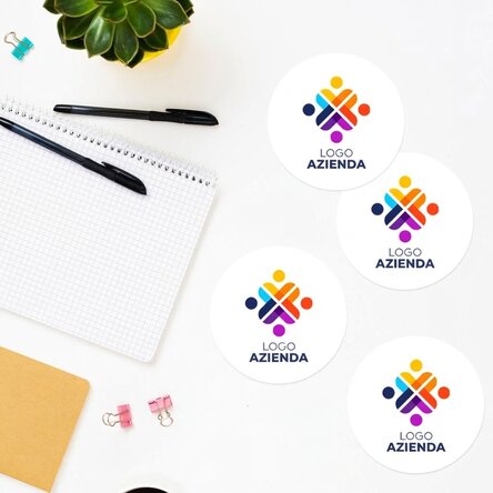 Set di 4 adesivi (etichette autoadesive) rotondi, diametro 8,5 cm, personalizzati con logo