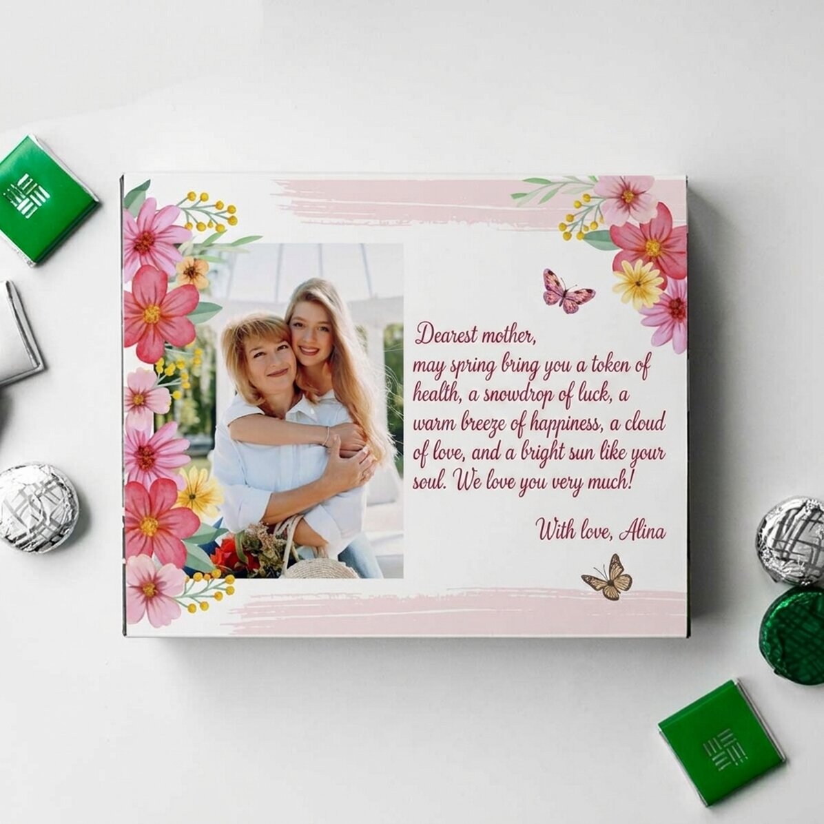 Scatola di cioccolatini personalizzata con una foto e un messaggio - Primavera