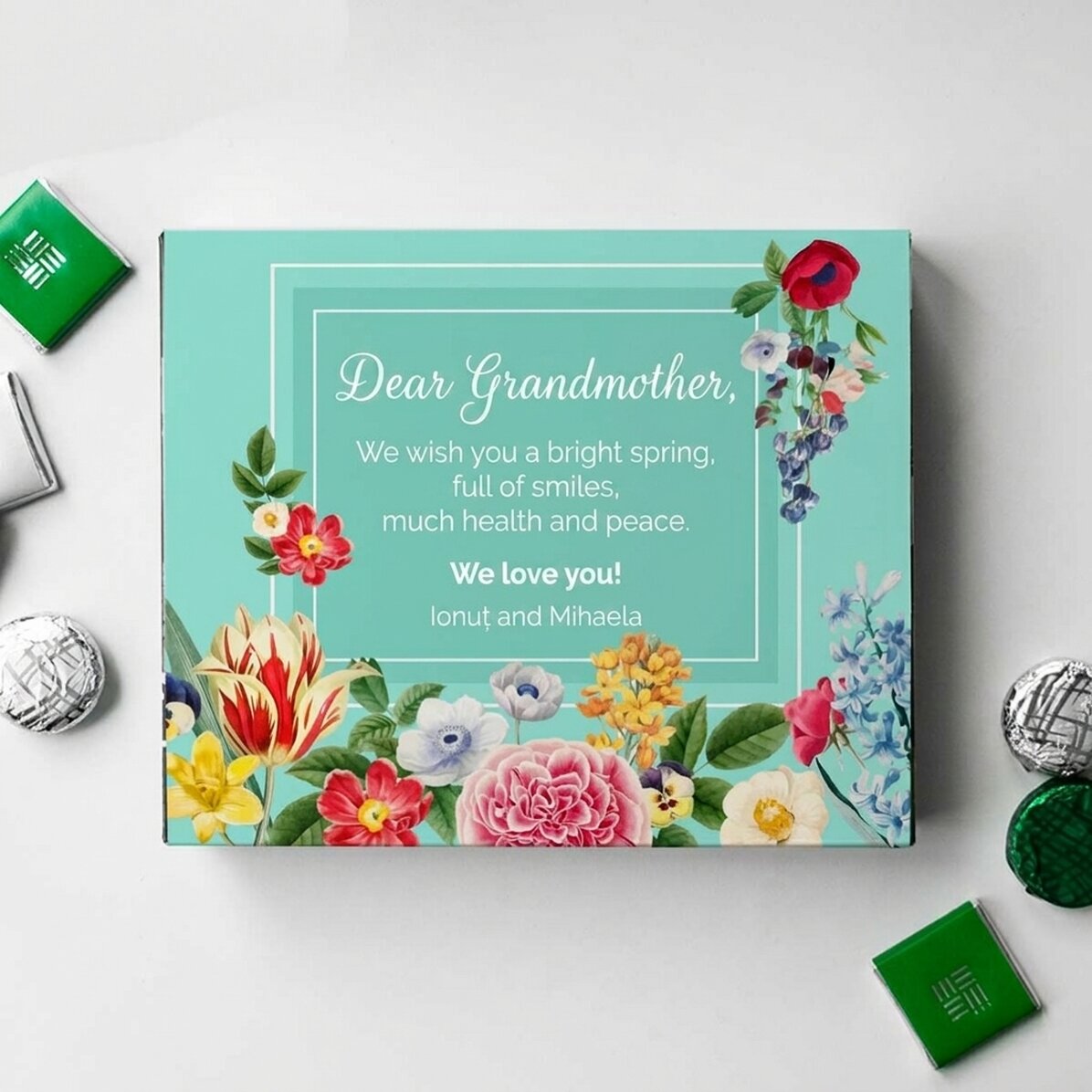 Scatola di cioccolatini personalizzata con messaggio - Primavera serena