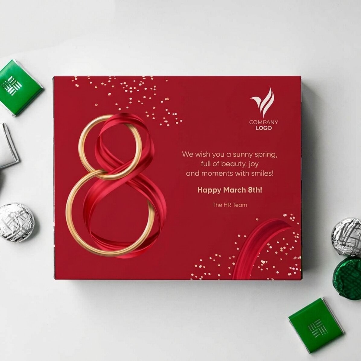 Scatola di cioccolatini personalizzata con logo e testo - 8 marzo