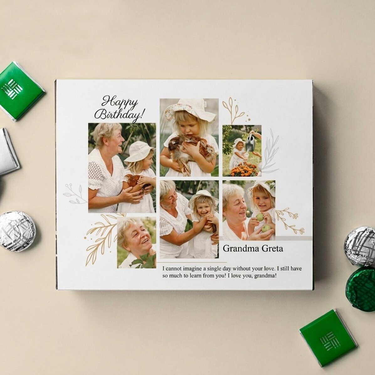 Scatola di cioccolatini personalizzata con 6 foto e un messaggio