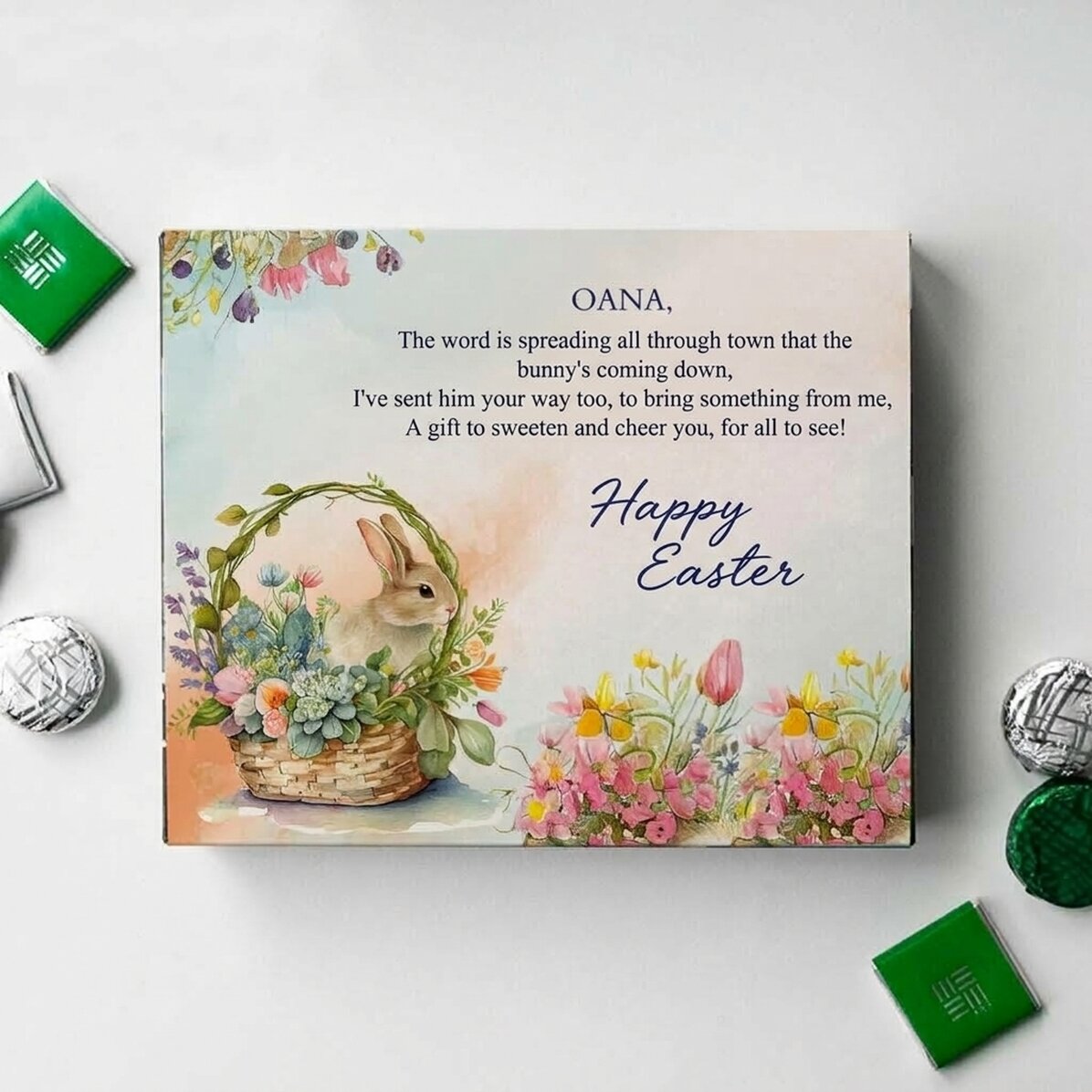 Scatola di cioccolatini personalizzata con la scritta "Buona Pasqua!"