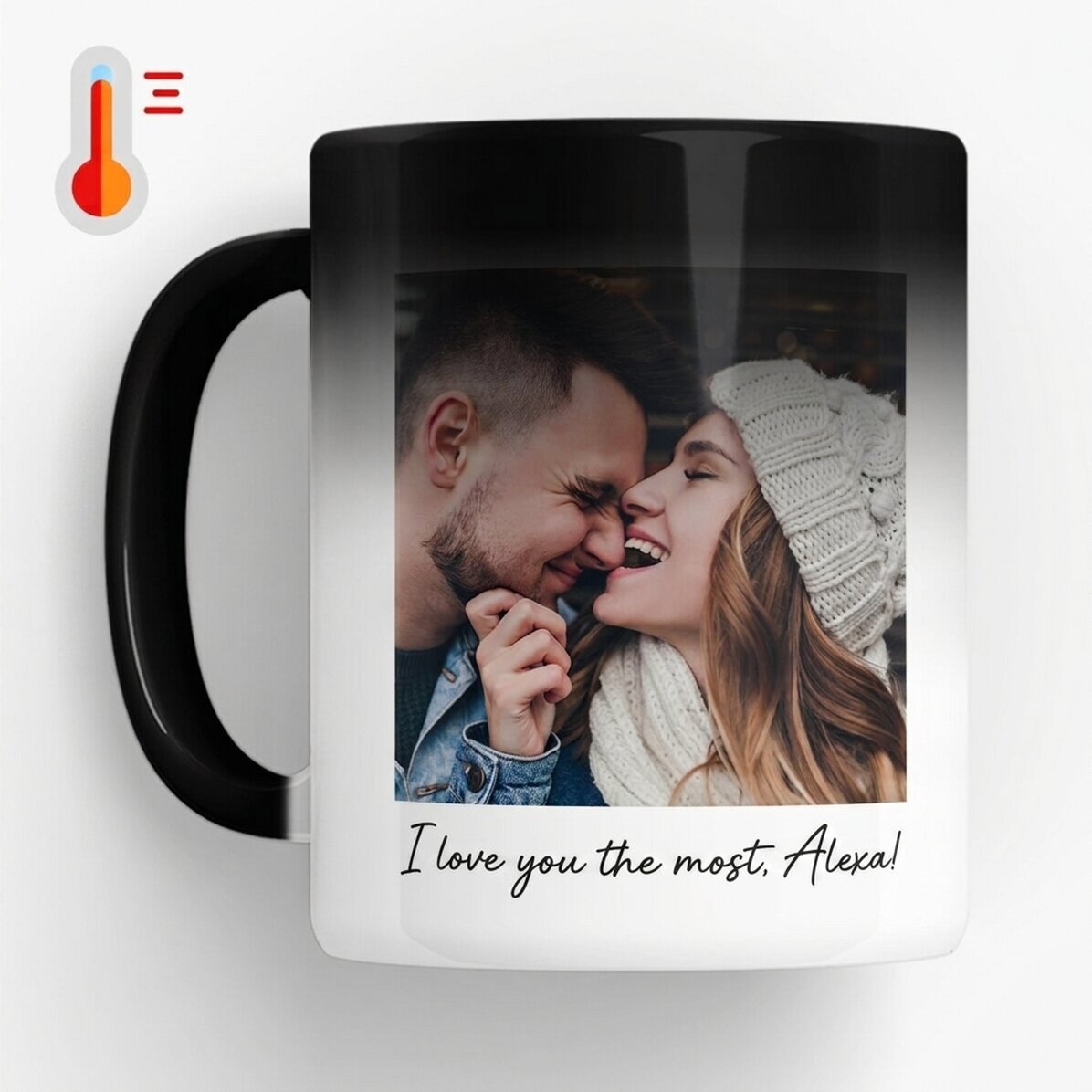 Tazza termosensibile personalizzata con una foto, un messaggio e un codice QR