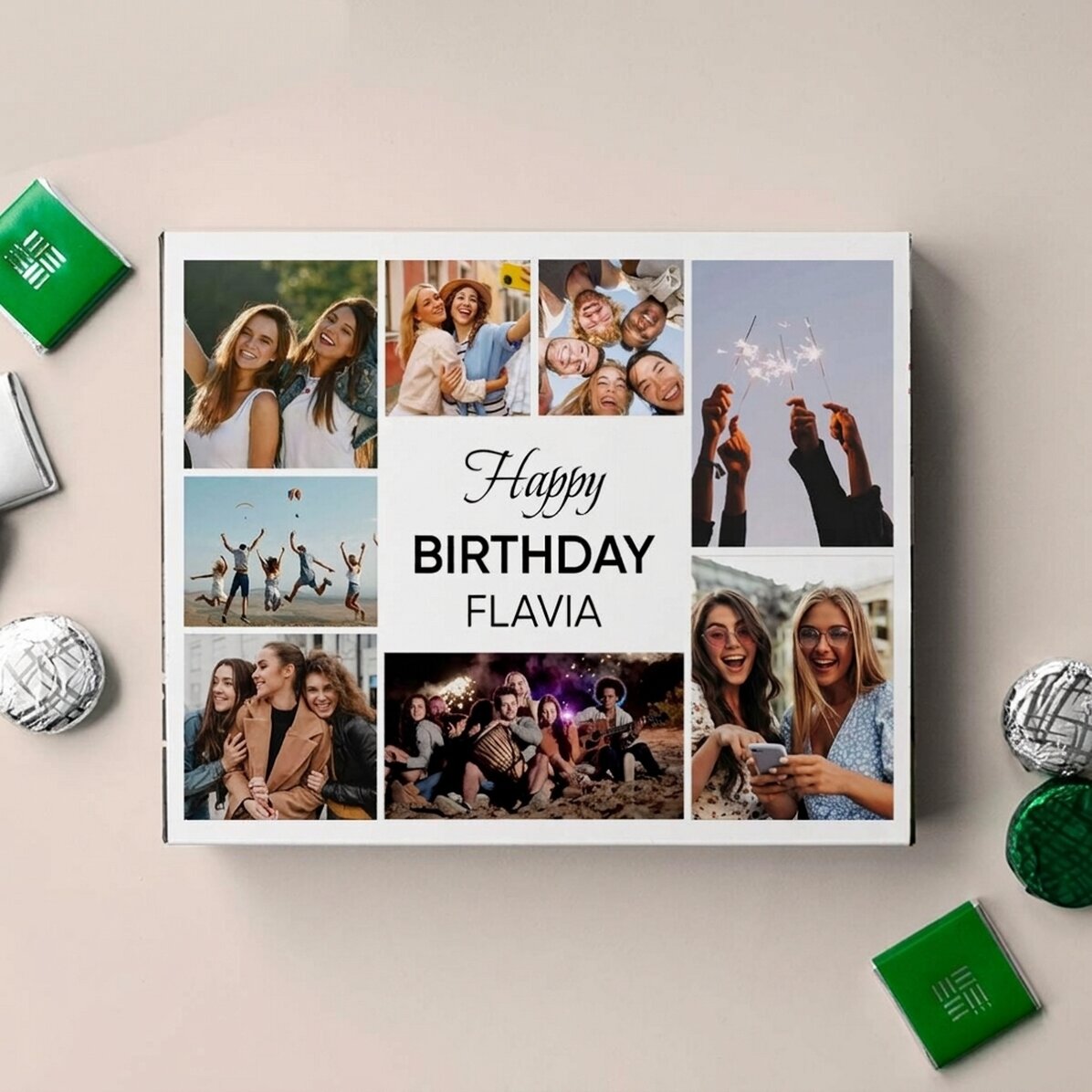 Scatola di cioccolatini personalizzata con 8 foto e un messaggio - Buon compleanno!