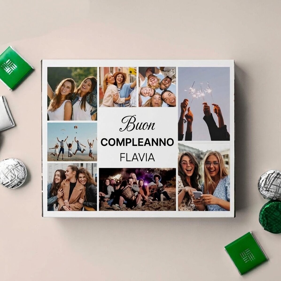 Scatola di cioccolatini personalizzata con 8 foto e un messaggio - Buon compleanno!