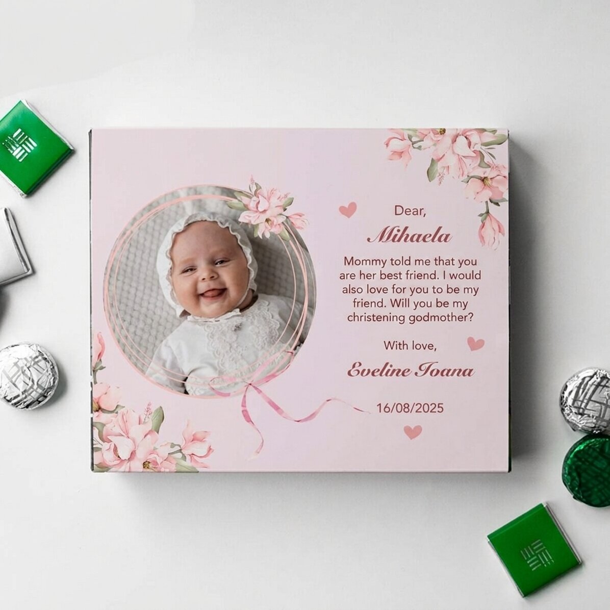 Scatola di caramelle personalizzata con una foto e un messaggio per il battesimo - Richiesta di padr