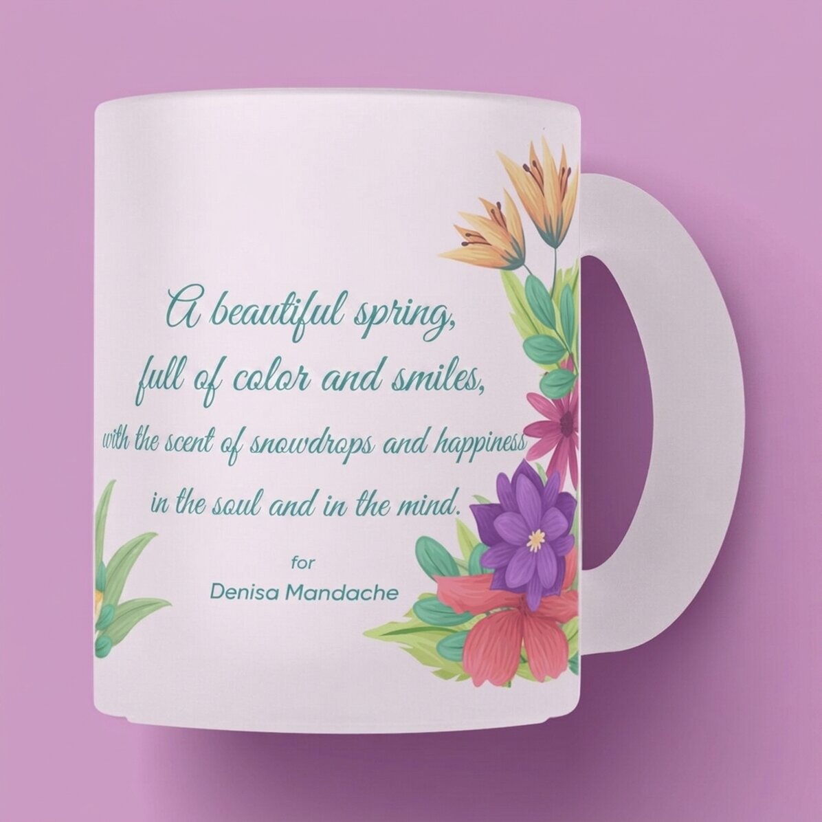 Tazza in vetro opaco personalizzata con logo e testo - Fiori di primavera