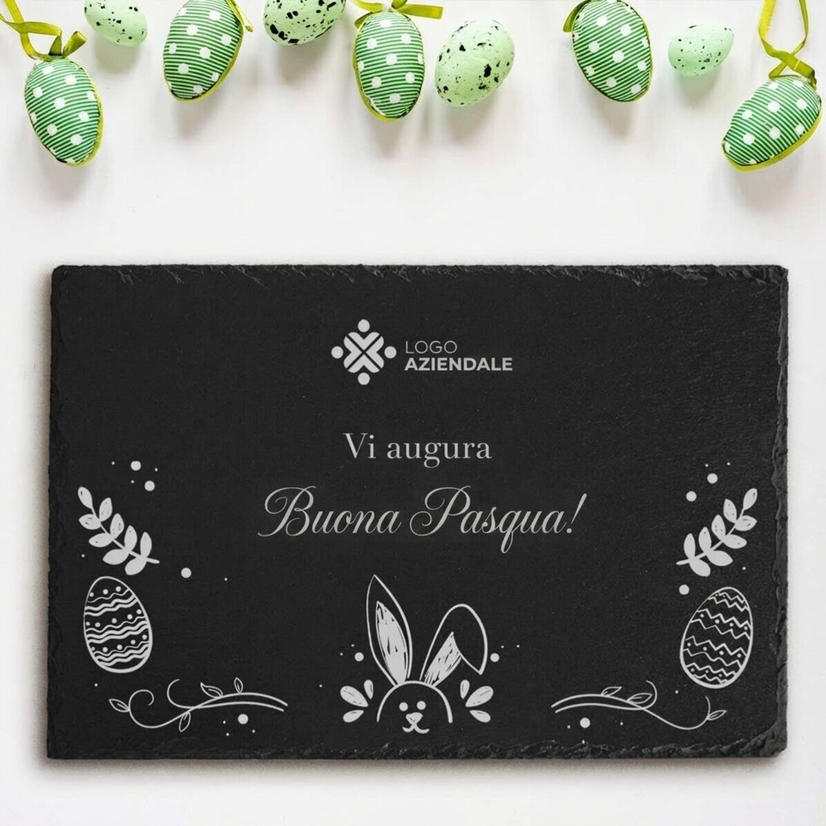 Tavola di ardesia incisa su misura con logo e testo - Pasqua