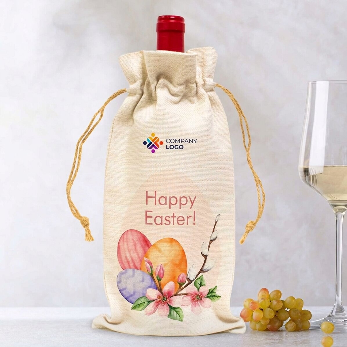 Sacchetto personalizzato per bottiglia di vino con logo e scritta - Buona Pasqua!