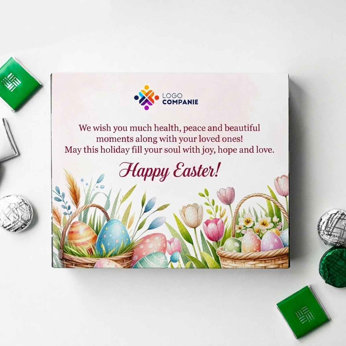 Scatola di caramelle personalizzata con logo e messaggio - Pasqua