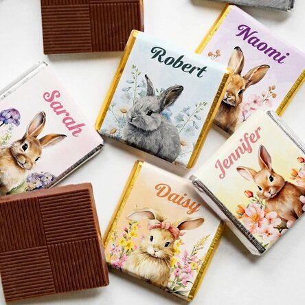 Set di 5 mini cioccolatini personalizzati con scritta - Coniglietti pasquali