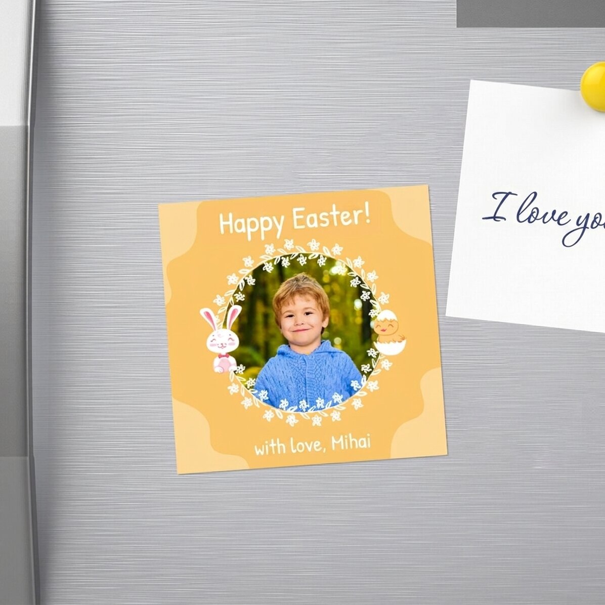 Magnete 10x10 personalizzato con una foto e un messaggio di Pasqua