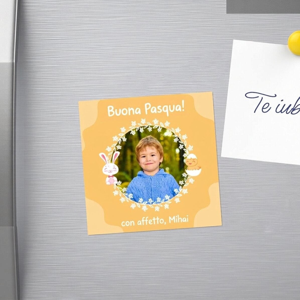 Magnete 10x10 personalizzato con una foto e un messaggio di Pasqua