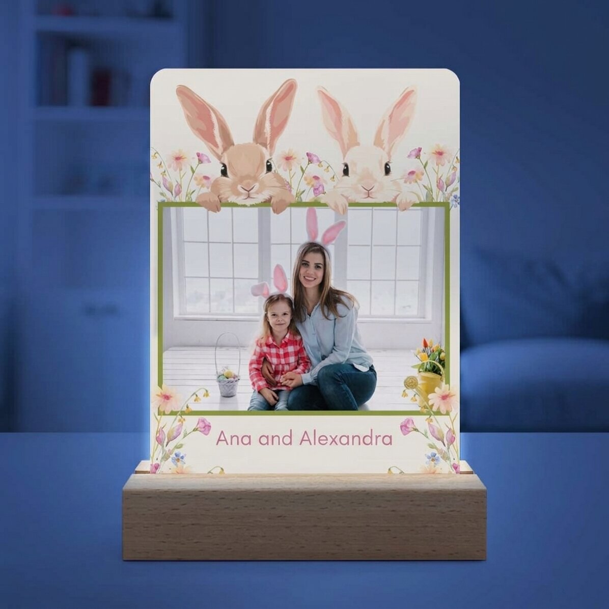 Lampada da comodino a LED personalizzata con foto e testo - Coniglietti