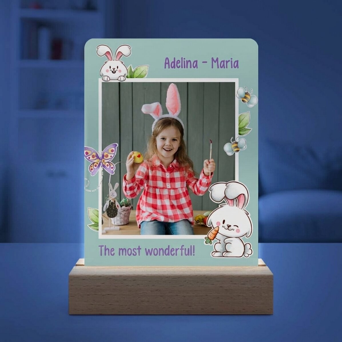 Lampada da comodino a LED personalizzata con foto e testo - Coniglietto