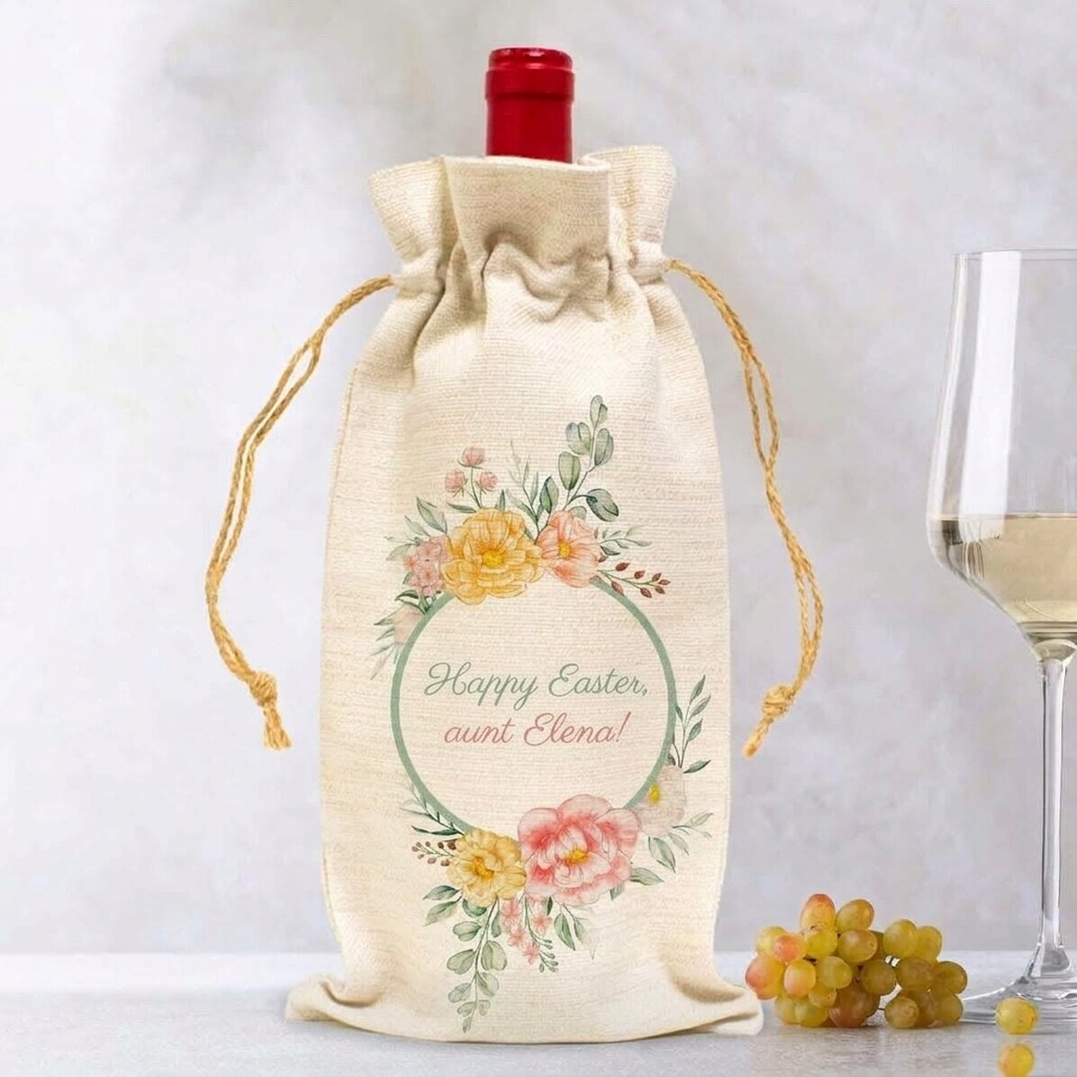 Sacchetto personalizzato per bottiglia di vino con messaggio - Fiori