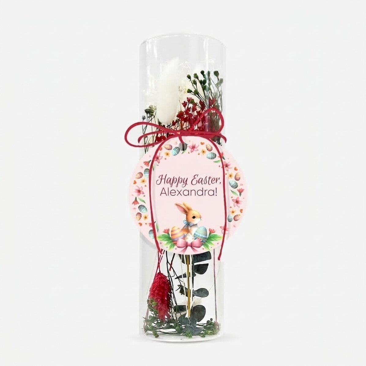 Decorazione in vetro con fiori stabilizzati, personalizzata con una scritta - Coniglietto di Pasqua