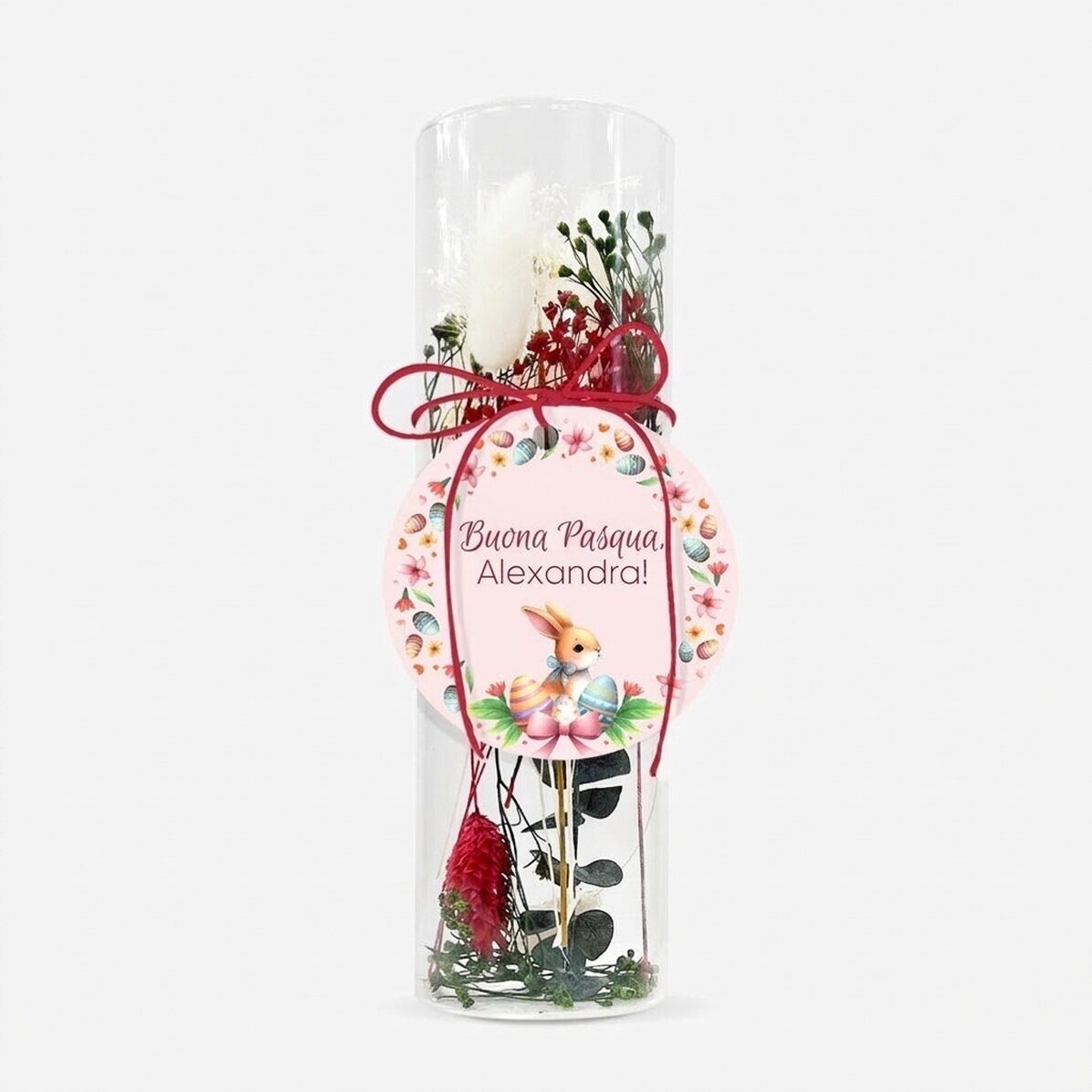 Decorazione in vetro con fiori stabilizzati, personalizzata con una scritta - Coniglietto di Pasqua