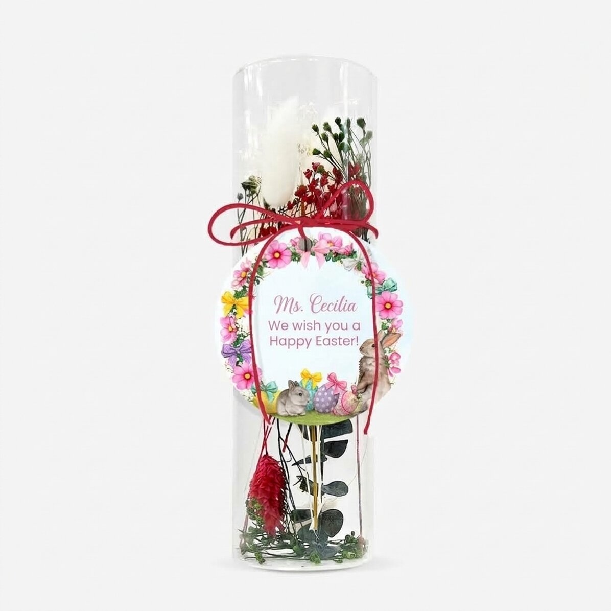 Decorazione in vetro con fiori stabilizzati, personalizzata con una scritta per Pasqua