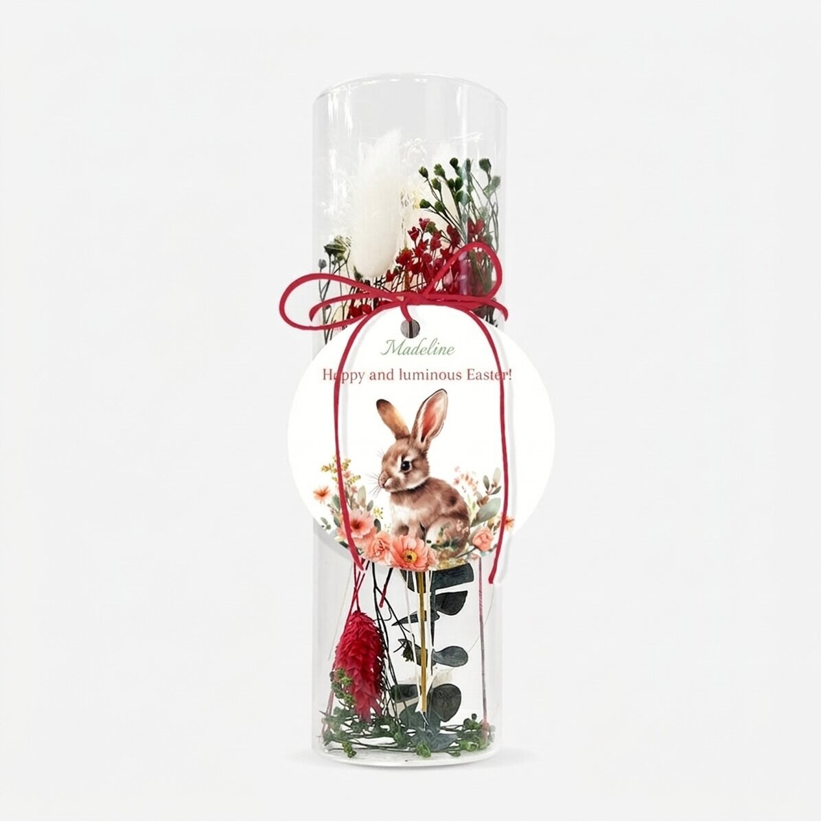 Decorazione in vetro con fiori stabilizzati, personalizzata con un messaggio - Buona Pasqua!