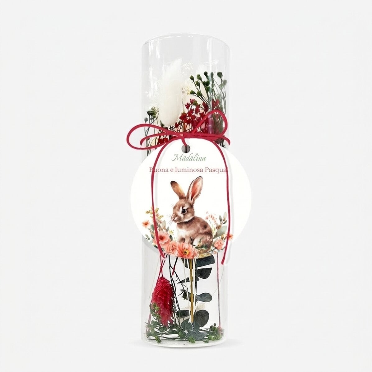 Decorazione in vetro con fiori stabilizzati, personalizzata con un messaggio - Buona Pasqua!