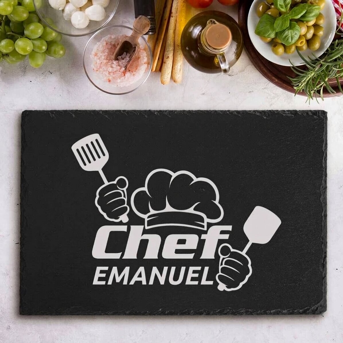 Tavola di ardesia incisa con testo personalizzato - Chef Puternic