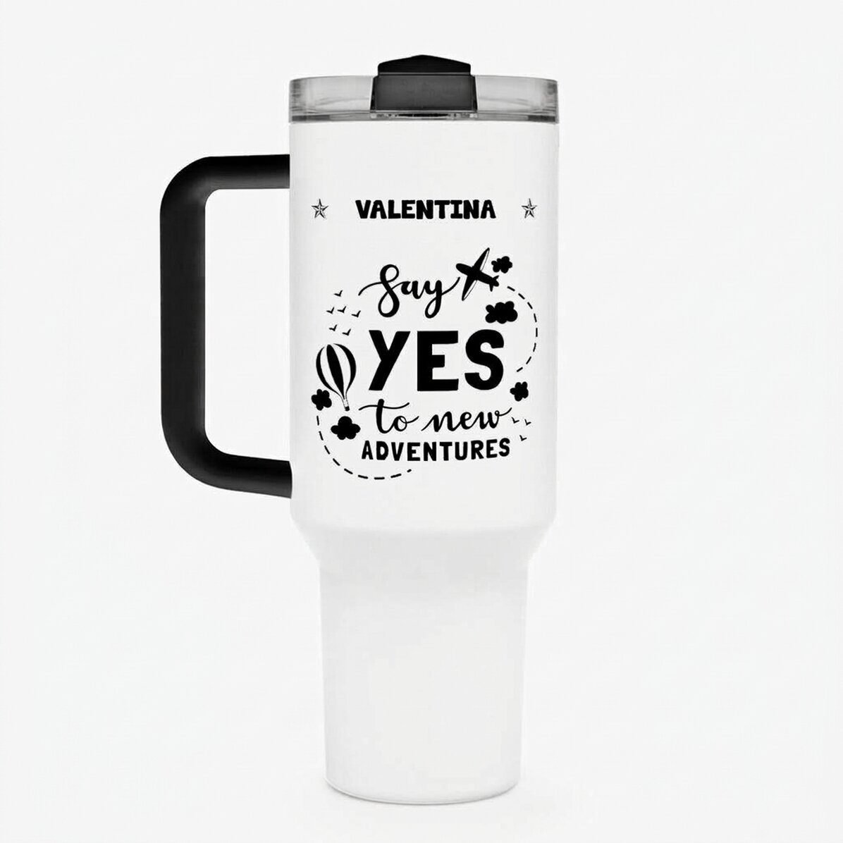 Tazza termica con manico e cannuccia personalizzata con nome - New Adventures