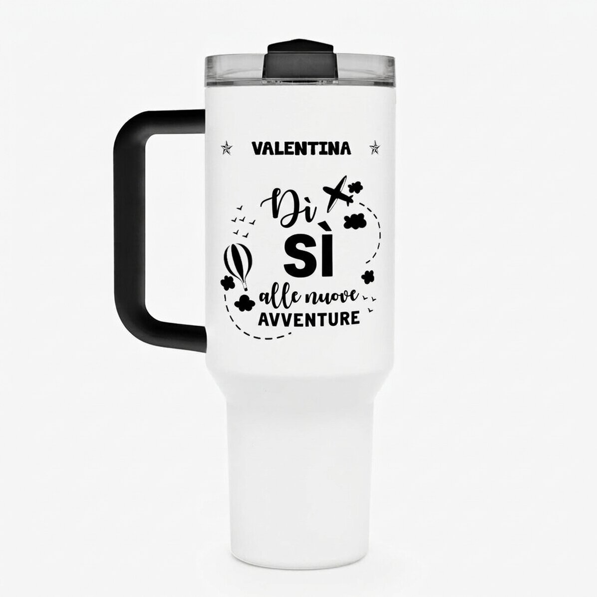 Tazza termica con manico e cannuccia personalizzata con nome - New Adventures