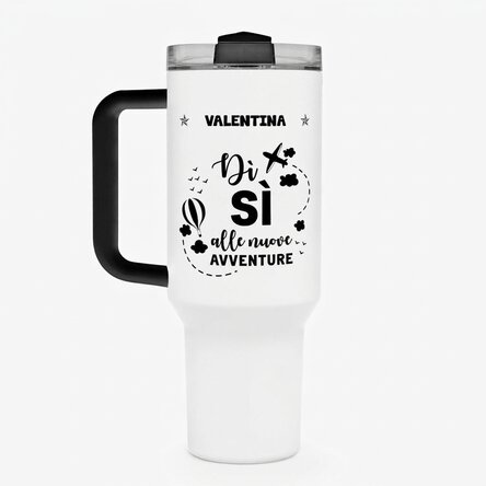 Tazza termica con manico e cannuccia personalizzata con nome - New Adventures