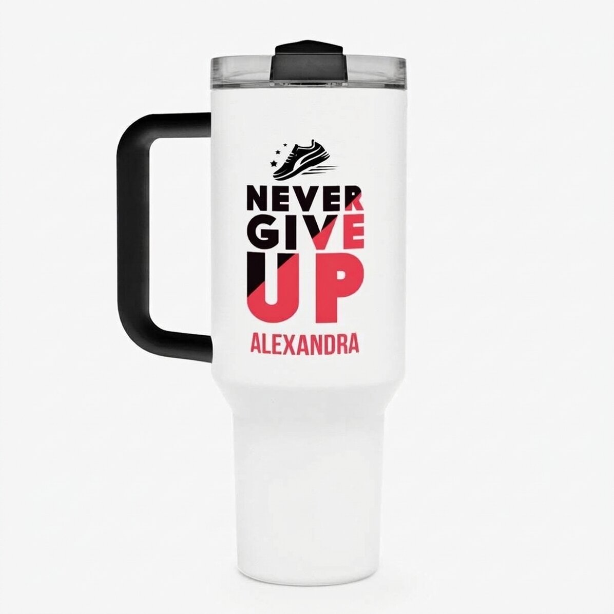 Tazza termica con manico e cannuccia personalizzata con nome - Never give up