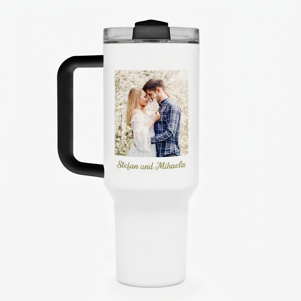 Tazza termica con manico e cannuccia personalizzata con foto e nome
