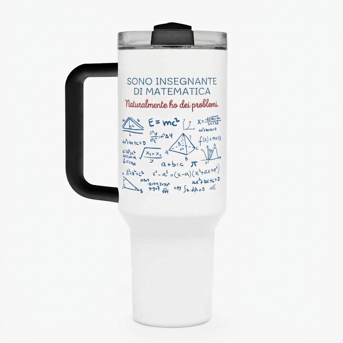 Tazza termica con manico e cannuccia personalizzata con messaggio - Insegnante di matematica