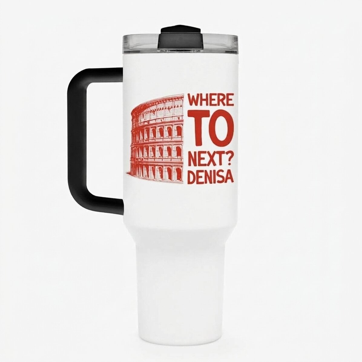 Tazza termica con manico e cannuccia personalizzata con la scritta "Where to next?"