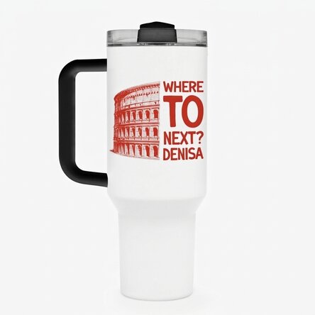 Tazza termica con manico e cannuccia personalizzata con la scritta "Where to next?"