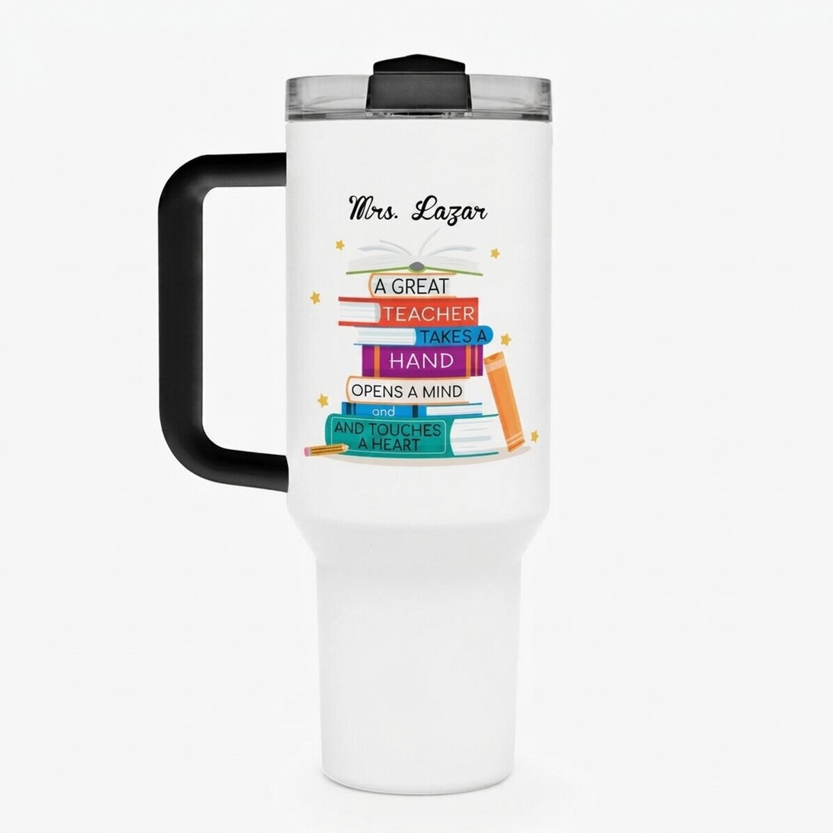 Tazza termica con manico e cannuccia personalizzata con messaggio - Books