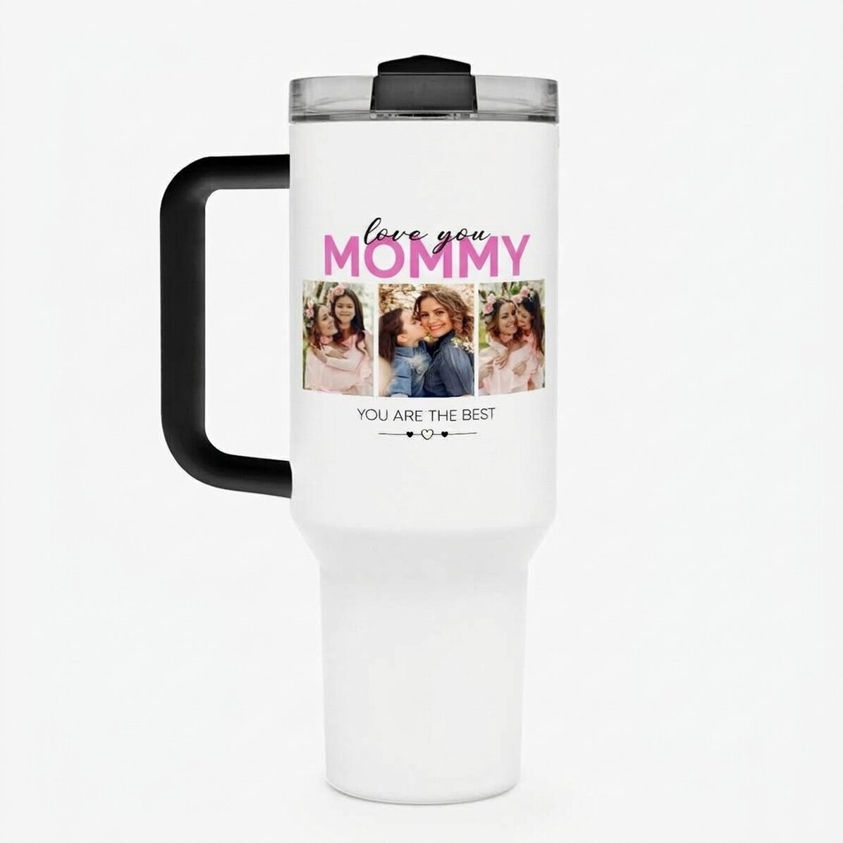 Tazza termica con manico e cannuccia personalizzata con 6 foto e una frase - With love