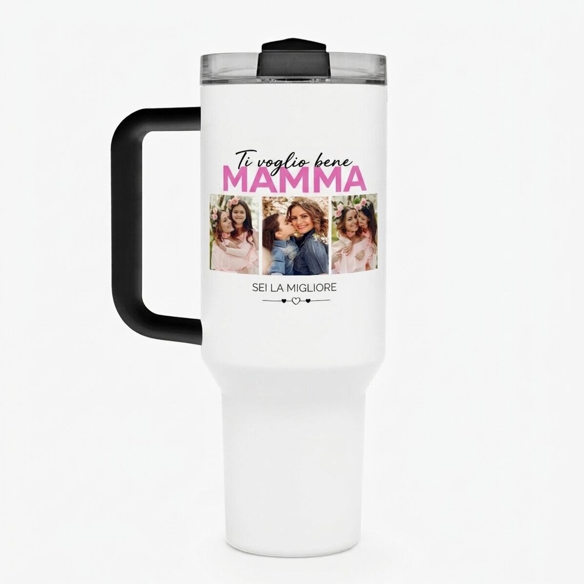 Tazza termica con manico e cannuccia personalizzata con 6 foto e una frase - With love