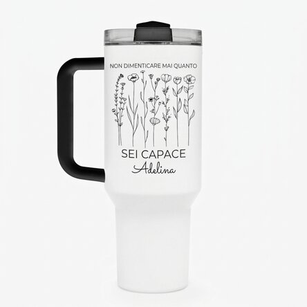 Tazza termica con manico e cannuccia personalizzata con scritta - Flowers