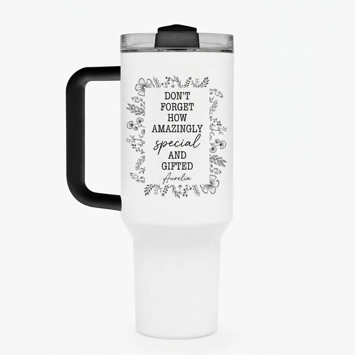 Tazza termica con manico e cannuccia personalizzata con scritta - Flower frame