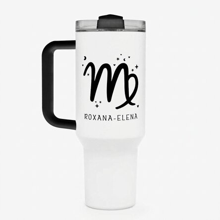 Thermos mug with handle and straw, personalised with text - Virgo zodiac sign